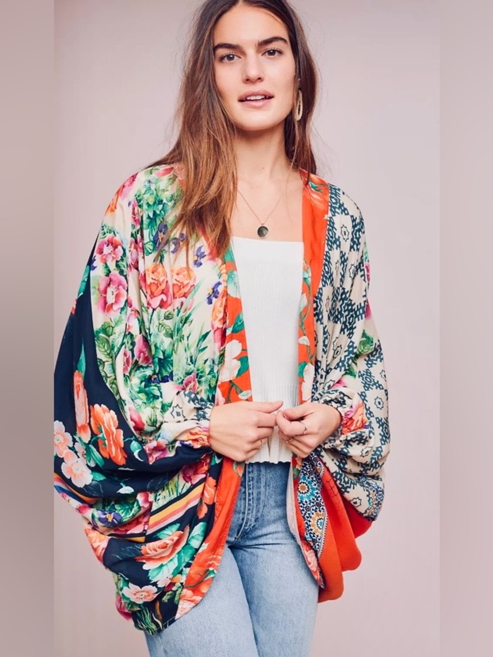 Anthropologie Dylan Floral Cocoon Kimono with Navy & Coral Accents